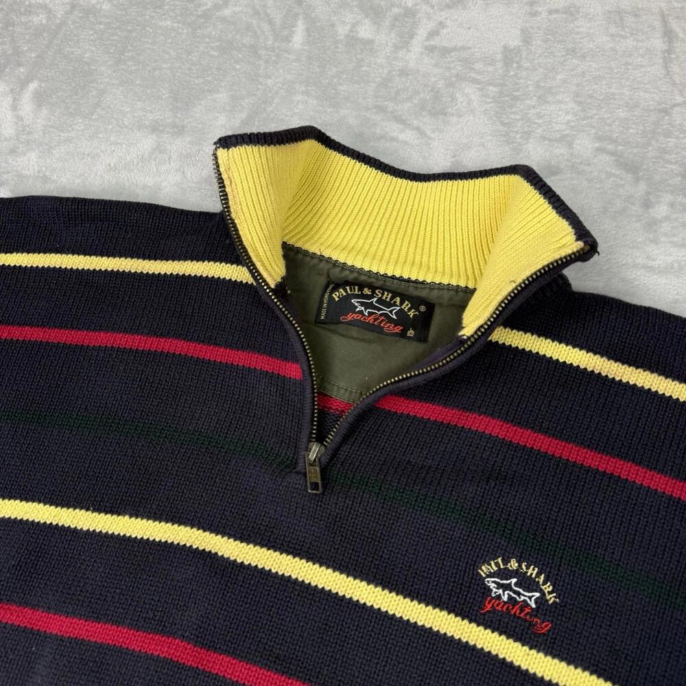 Paul & Shark Yachting Striped Quarter Zip Knit Heavy Sweater Size 52 Italy VTG - Picture 2 of 8